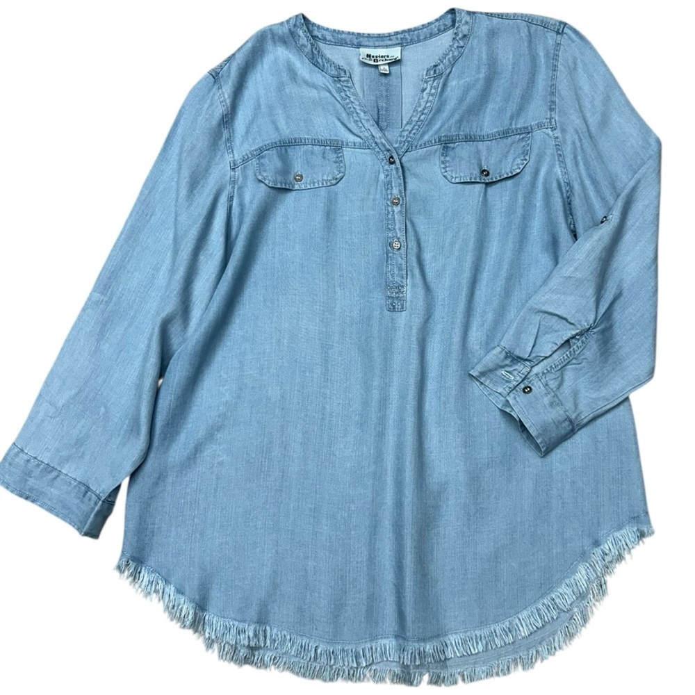 Hester & Orchard Light Wash Chambray Tunic Dress Frayed Hem Size L - Picture 12 of 12